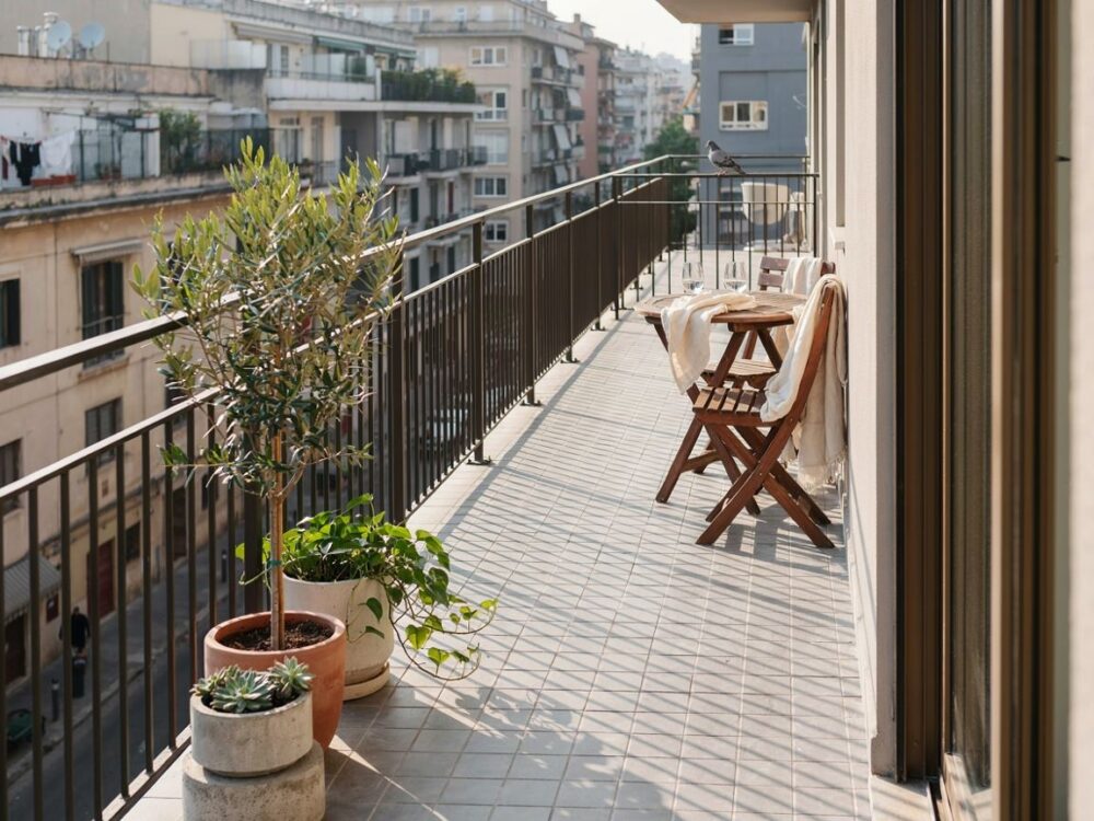 długi balkon z meblami
