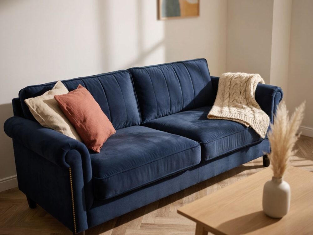komfortowa miękka sofa granatowa