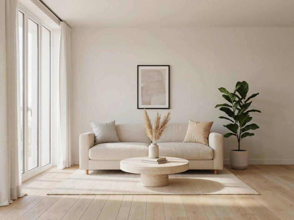 minimalistyczny salon z jasnymi meblami