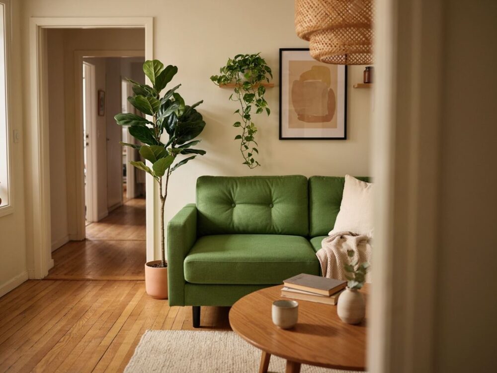 stylowa zielona sofa z poduszkami