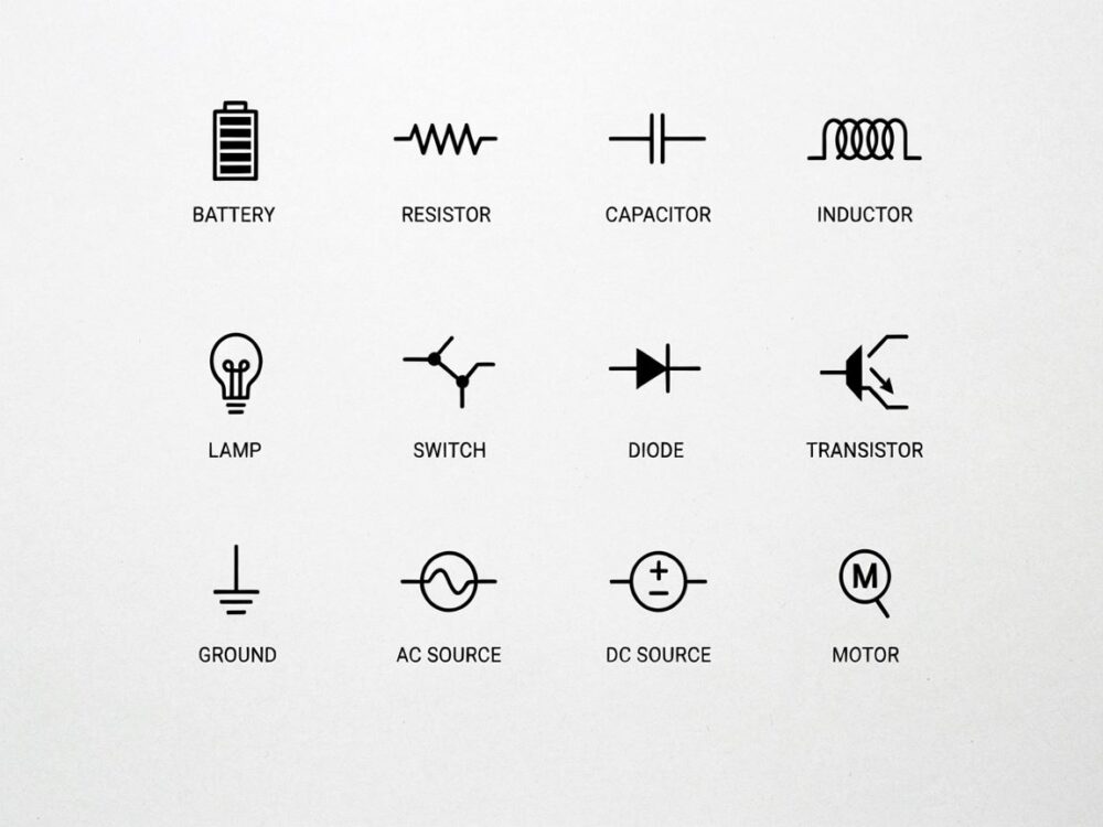 symbole elektryczne na tle schematu