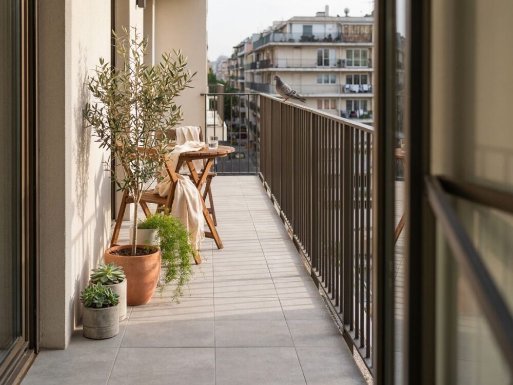 wąski balkon z roślinami
